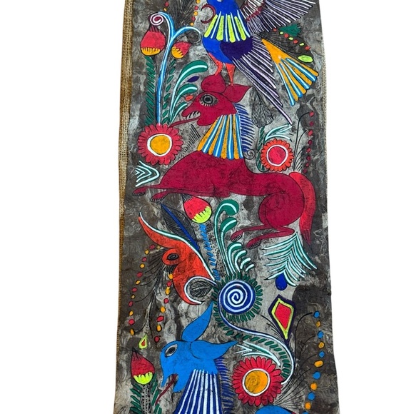 Mexican Folk Art Fancy Bird Painting in Burlap Embroidered Textile Art Panels - Picture 5 of 10